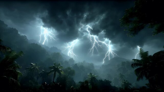 Fantasy wallpaper. A vivid portrayal of a tropical rainforest bathed in a dramatic lightening storm. The sky is filled with dark, stormy clouds, and a bright flash of lightning illuminates the scene.