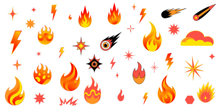 Fire Elements Doodle Vector Set. fire brush scribble grunge  shape graphic. Punk lightning bolt explosion energy blast sticker rock power burst. Vector illustration 