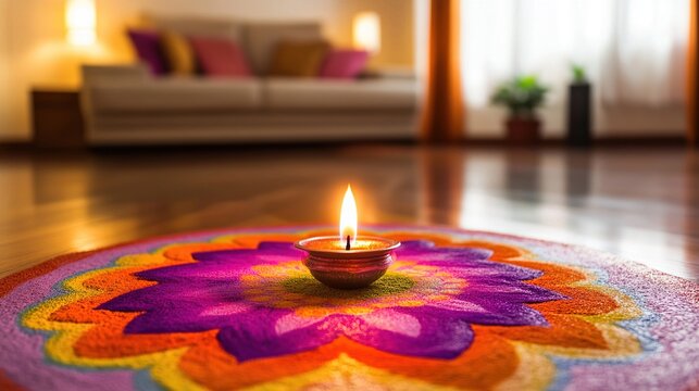 lit diya candle placed at the center of a vibrant, colorful rangoli design on the floor, creating a warm, festive, and spiritual ambiance ideal for cultural celebrations or home decor themes.