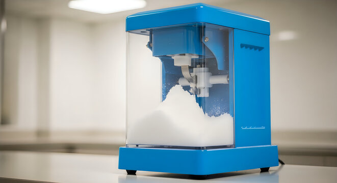 Blue automated cotton candy machine in a commercial setting
