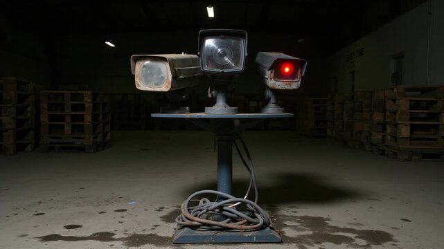 An industrial camera rig with a red light attached and several cables connected sits on a concrete floor within a warehouse.