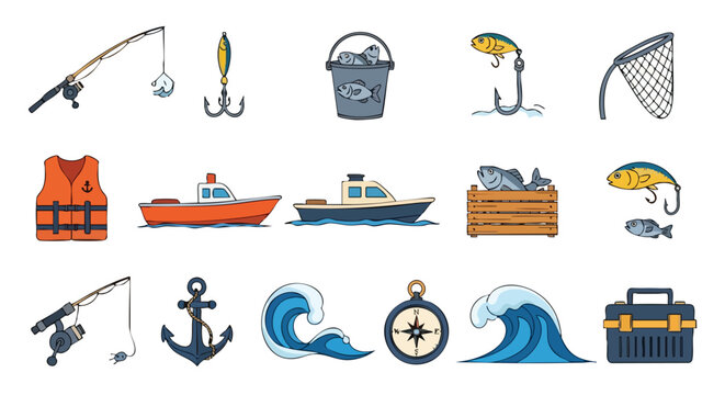 Fishing Gear Icons. Marine Recreation Elements. Flat Vector Illustration. Outdoor Hobby Supplies.