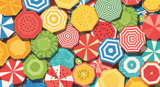Colorful beach umbrellas designed with vibrant fruit patterns like watermelon and kiwi viewed from a high angle perspective.