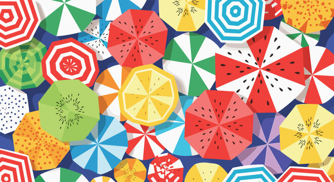Top view of various colorful beach umbrellas featuring stripes and fruit themes provides a vibrant summer background pattern.