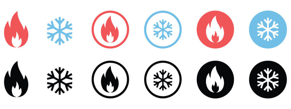 fire and snowflake vector icon, hot and cold contrast sign in circular layout, ice and flame balance concept for modern apps, ui systems, and responsive website interface graphics.
