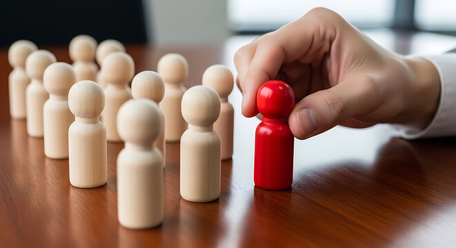 Corporate Recruitment and Leadership Selection: A human hand picking a distinct red wooden figurine from a row of neutral-colored miniature people, symbolizing hiring and talent management.