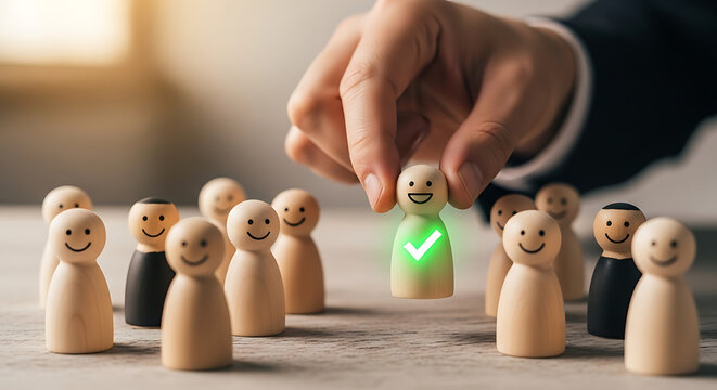 Recruitment leadership selection concept featuring human hand picking smiling wooden figure candidate with glowing checkmark symbol illustrating success hiring and talent management strategy.