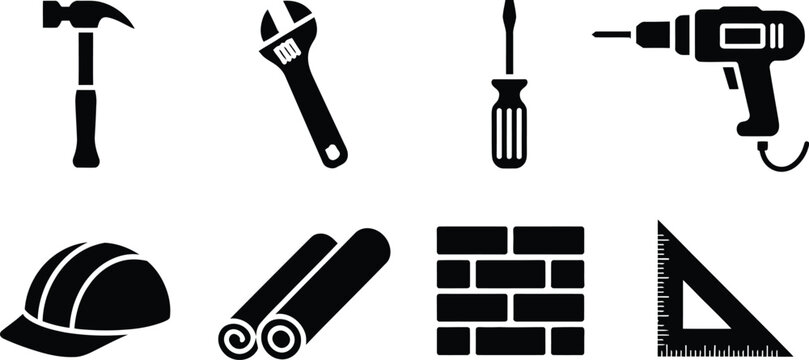 A set of black construction icons including hammer wrench screwdriver power drill hard hat blueprint rolls brick wall and square ruler.