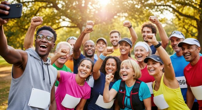 Diverse group of runners celebrates completing a race together while taking a selfie in the park.
