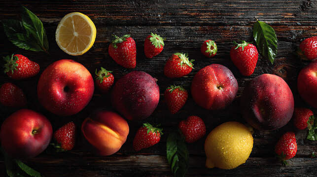 A vibrant arrangement of fresh fruits including strawberries, apples, and lemons on a rustic wooden surface.