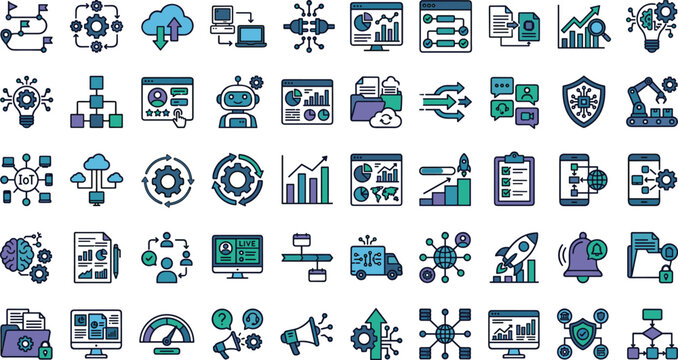 Business technology and AI icon set featuring analytics automation cloud computing IoT systems and modern flat vector symbols collection