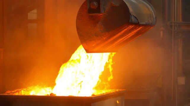 Manufacturing Plant Displaying Molten Metal Pouring Into Mold With Blazing Sparks And Fiery Glow