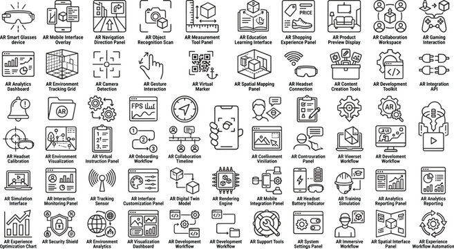 Augmented reality AR icon set featuring smart glasses navigation interaction gaming analytics and modern technology outline vector symbols collection