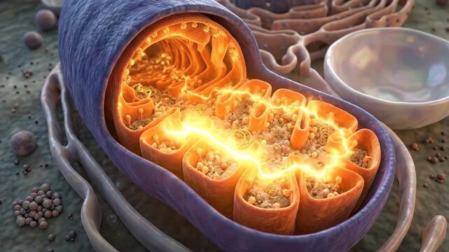 Mitochondrion, a biological organelle generating cellular energy through complex metabolic processes, shows an active internal structure producing adenosine triphosphate molecules.