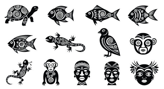 Black and white tribal icons featuring animals like turtles and fish along with masks and faces in a folk art style.