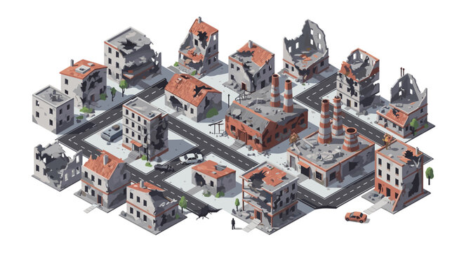 Isometric view of a war torn city showing destroyed residential buildings and industrial factories in rubble and ruins.