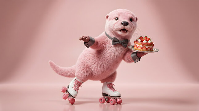 Cute pink otter rollerskating while holding a delicious cake on a silver platter wearing a fancy bow tie and looking cheerful in a playful pose before a light pink background that adds a 