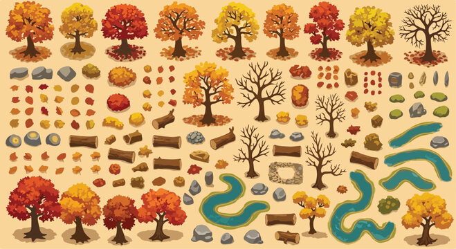 Autumn forest landscape game assets, isometric fall trees and nature elements vector set, orange and yellow foliage with river and rocks for map design
