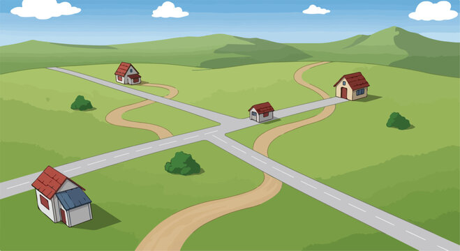 Cartoon rural landscape with winding roads and small houses, green hills countryside vector illustration, peaceful village neighborhood scene
