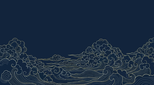 Traditional japanese style ocean waves and clouds pattern on dark blue background