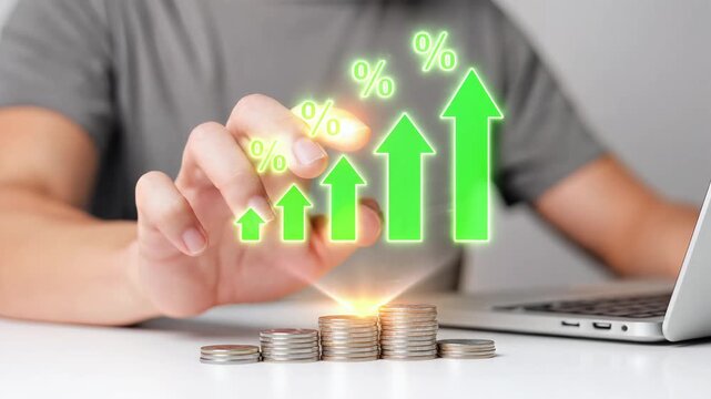 Hand touching growing stack of coins with animated rising percentage symbols and arrows