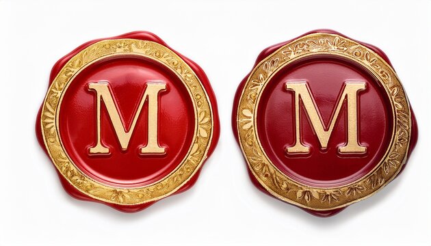 red and gold wax seal with letter m isolated on white background