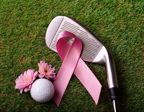 golf club and ball with pink ribbon and flowers for breast cancer awareness on green grass surface