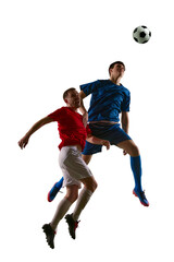 Naklejka premium Soccer aerial duel with blue forward rising above red defender on white background. Concept of match intensity, header challenge, sports advertising and tournament promo.