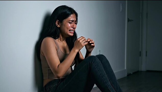 Distressed Young Woman Crying and Covering Face While Sitting on Floor