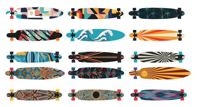 Set of fifteen longboard skateboard decks with diverse artistic patterns including waves, stripes, and geometric shapes for sport.