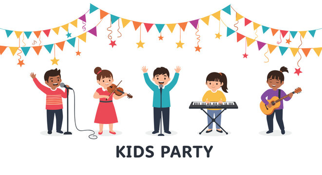 Happy children performing in a band at a kids party with a singer, violinist, keyboardist, and guitarist under festive bunting.