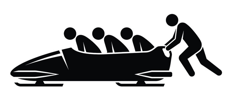 Black silhouette icon of a four-man bobsled team with three people seated and one person pushing from behind, representing the start of a bobsled race.