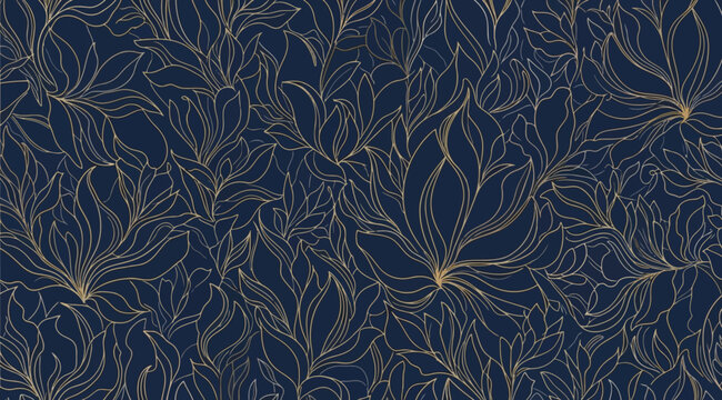 Luxury gold line art floral pattern on dark blue background