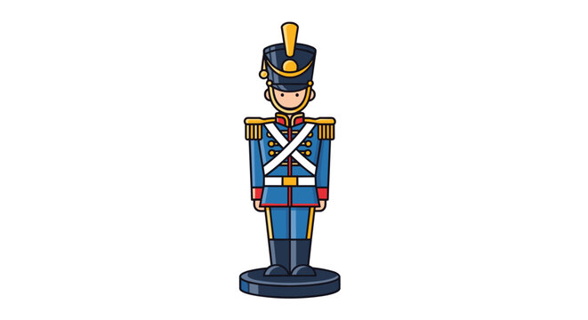 Classic toy soldier nutcracker figure in a blue and red military uniform standing on a base isolated on white background.