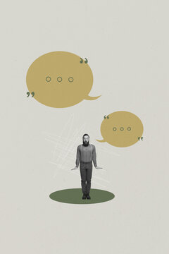 Vertical image photo collage of happy girl guy stand bubble communication chatterbox speech dialogue conversation icon chat
