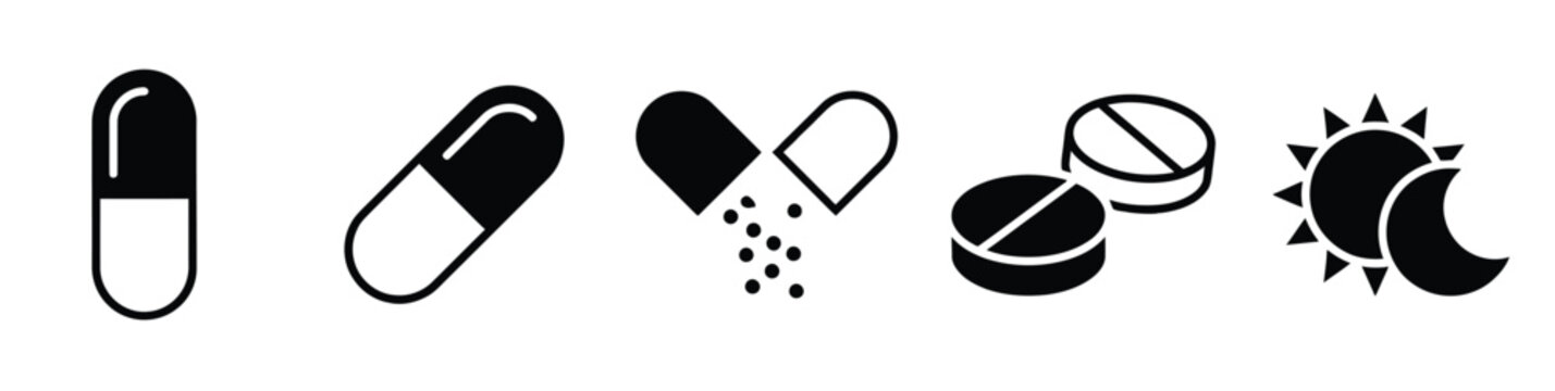 Icons depicting various forms of medication including capsules and pills, alongside a sun and moon symbol for dosage timing.