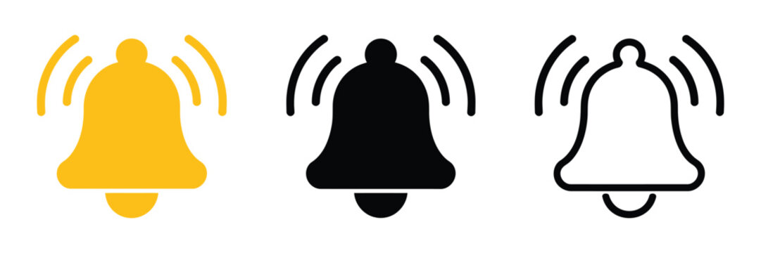 notification bell icon set, alert and reminder symbol collection for mobile apps, ui systems, and responsive website interface design with modern minimal flat style.