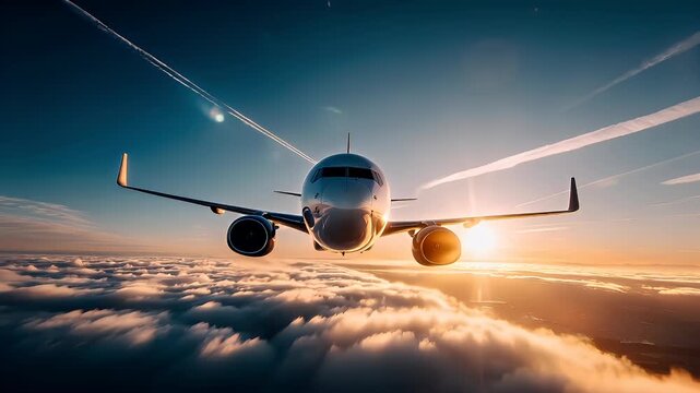 Travel trip journey. A vivid portrayal of an airplane soaring above the clouds at sunset. The sky is a gradient of deep blue and orange hues, with the sun casting a warm glow on the horizon.