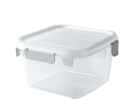 A clear, square food storage container with a white lid and gray locking clips
