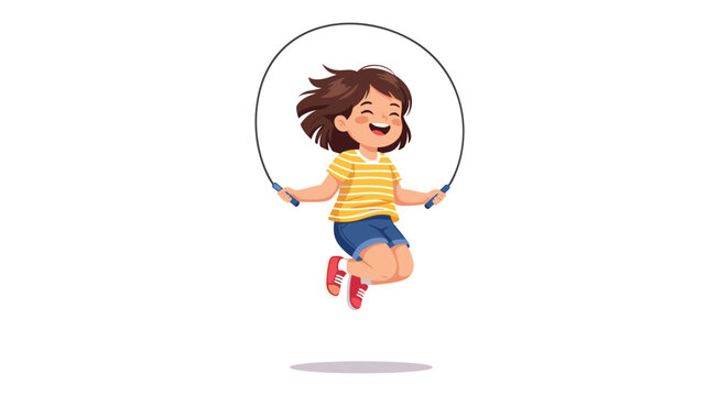 Cheerful cartoon girl jumping rope with a big smile and windblown hair isolated on a white background for school concepts.