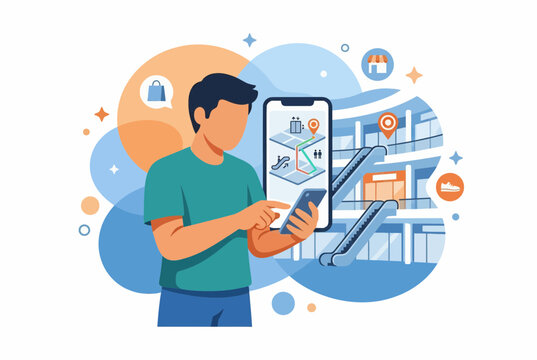 Man Using Smartphone for Indoor Navigation in a Modern Shopping Mall