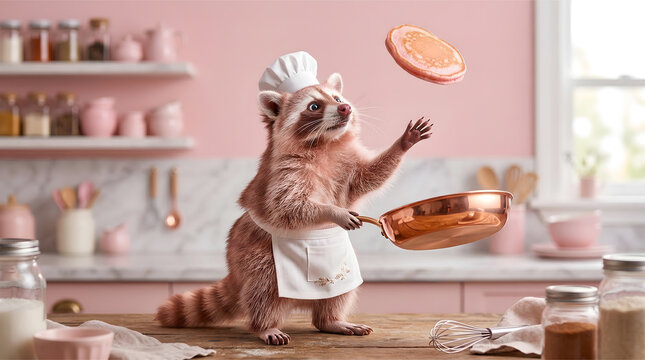 Cute raccoon chef tossing pancake in copper frying pan wearing white hat and apron in a pastel kitchen setting surrounded by baking ingredients and utensils