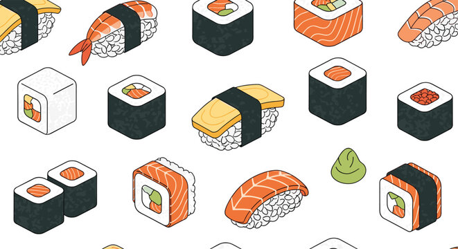 Seamless pattern of assorted Japanese sushi including nigiri, maki rolls, and wasabi on a clean white background.