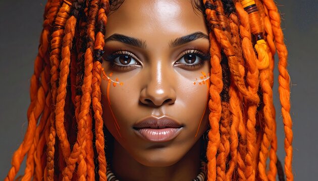 A woman with bright orange dreadlocks and artistic face paint