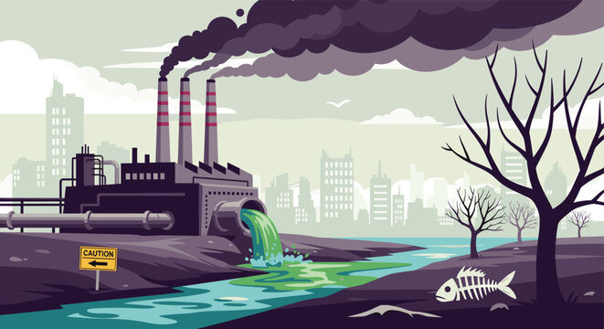 Environmental pollution scene showing a factory emitting smoke and toxic waste into a river with a dead fish.