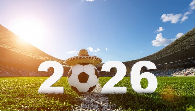 giant white &ldquo;2026&rdquo; in the foreground, the zero replaced by a sombrero‑topped soccer ball, radiating World Cup excitement