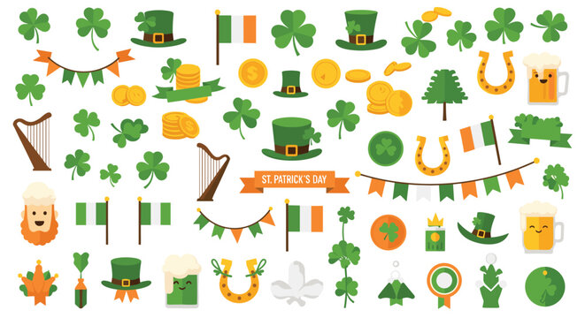 Extensive set of Saint Patricks Day holiday elements including shamrocks, leprechaun hats, and Irish flags.