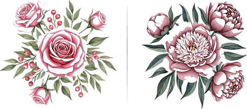 Rose and peony floral bouquet vector set featuring elegant blooming flowers with leaves in detailed botanical illustration style