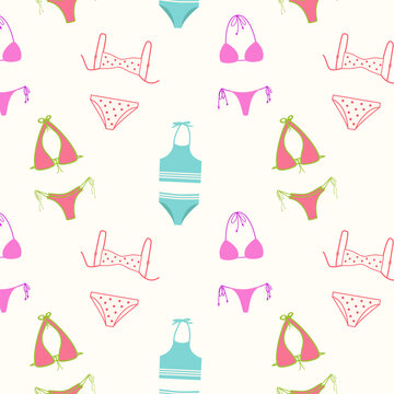 Seamless pattern with colorful female bikinis on light background. Summer beachwear collection for tropical vacation and fashion print design