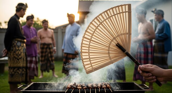 Traditional outdoor barbecue with men in sarongs and a hand fanning smoke bangali new year